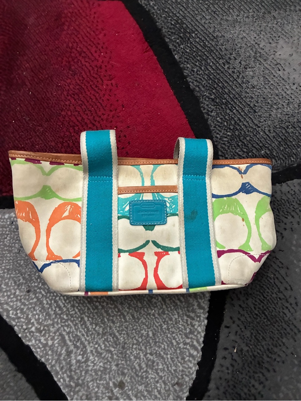 Coach Multicolor Signature Canvas Tote with Teal Straps